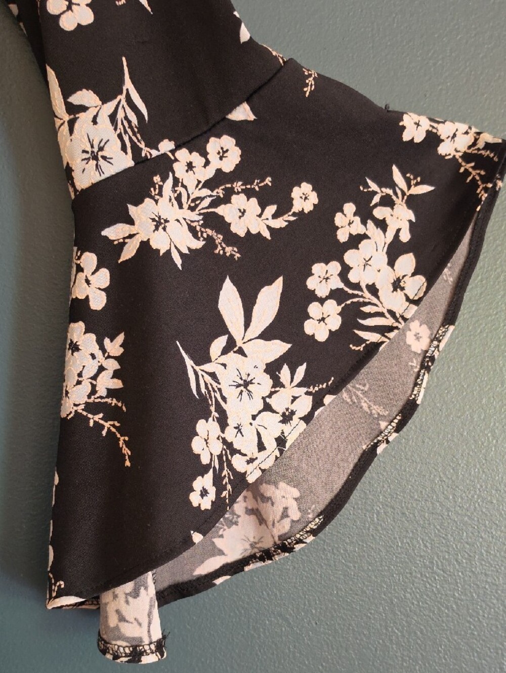 Floral Wrap Dress with Bell Sleeves - Black & Cream/Soft Blue - Picture 3 of 5
